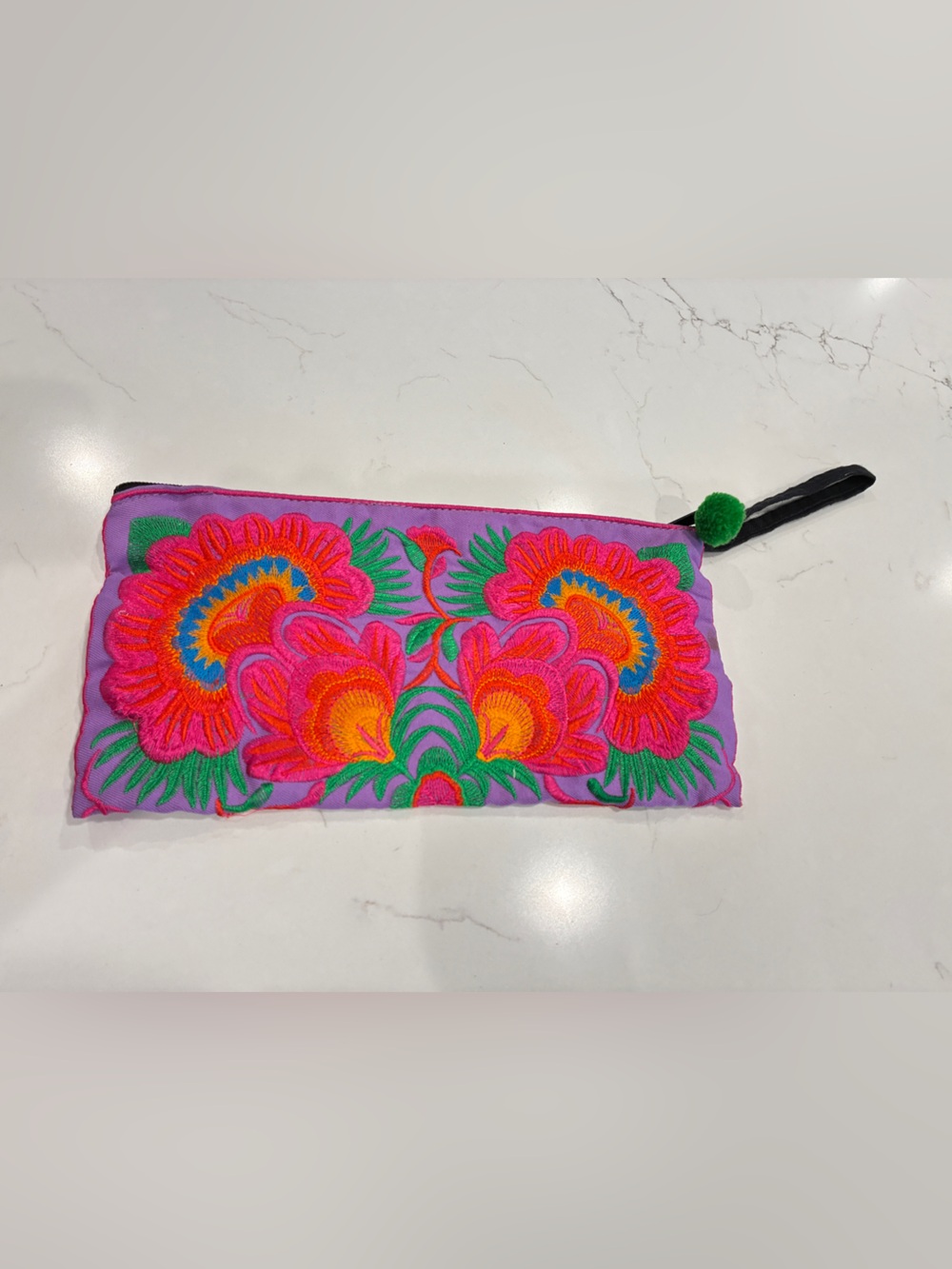 Vibrant Floral Embroidered Zipper Pouch Clutch with Wristlet & Pom Pom